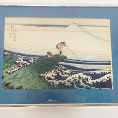 1077	KOSHU KAJIAZAWA WOODBLOCK PRINT OF A MAN FISHING W/ MOUNT FUJI IN THE BACKGROUND. 
