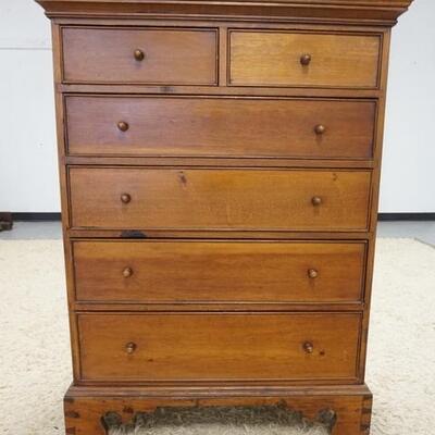 1041	6 DRAWER HIGH CHEST W/ DOVETAILED FEET & CUT OUT SKIRT. 35 IN W, 46 1/2 IN H, 18 1/2 IN DEEP. 
