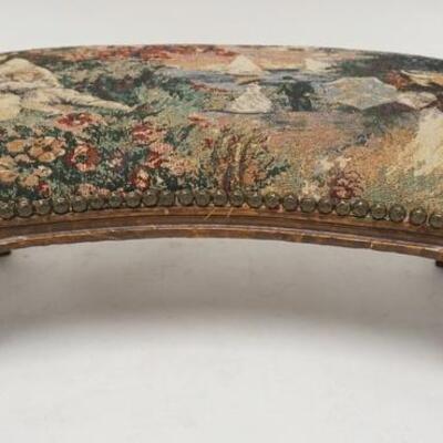 1087	CARVED UPHOLSTERED KIDNEY SHAPED STOOL, UPHOLSTERY IS SCENIC. 23 1/4 IN X 10 IN 
