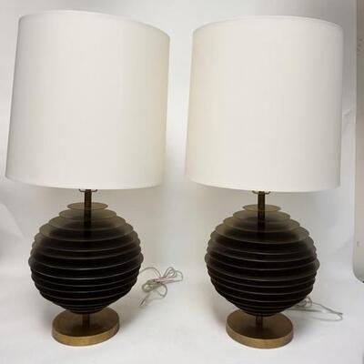 1073	PAIR OF ARTERIOS STEEL LAMPS DISCS FORM A GLOBE AROUND THE STEM. 31 1/2 IN H 

