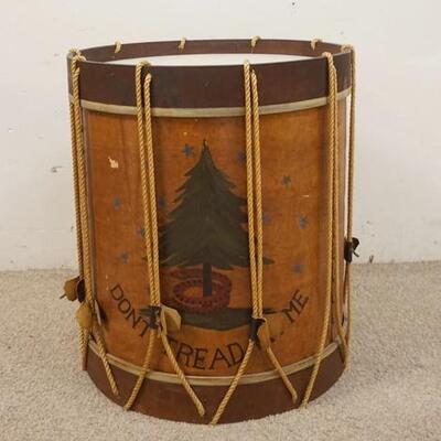 1098	DRUM PAINT DECORATED *DON'T TREAD ON ME* W/TREE, COILED SNAKE & 13 STARS, 22 1/4 IN HIGH X 19 1/4 IN DIAMETER

