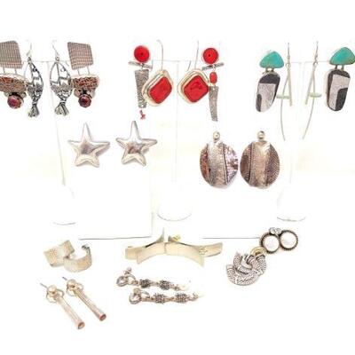 #2268 • (14) Pairs of Sterling Silver Fashionable Abstract Earrings, 164.3g
