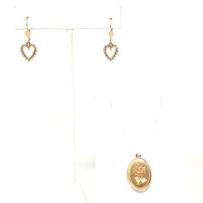 #2172 • 10k Gold Locket Pendant and Heart Earrings, 5.2g
