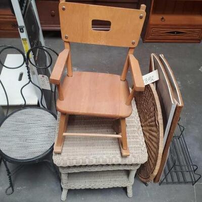 #2842 • Small Wicker Tables, Garden Chair, Child Rocking Chair, Foldable Table Top and Storage Rack