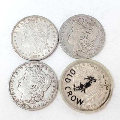 #2482 â€¢ (4) Morgan Silver DollarsYears Range: 1888-1890 (2) Philadelphia Mint, (1) New Orleans Mint and (1) San Francisco Mint
