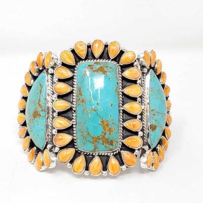 #596 • Native American G. James Large Statement Sterling Silver Cuff With Turquoise & Spiny Oyster, : Gorgeous Statement Cuff with Large...