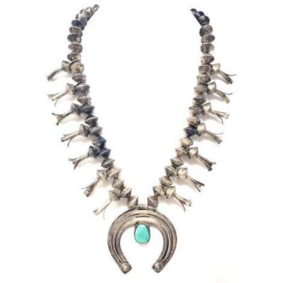 #604 • Native American Sterling Silver Turquoise Vintage Squash Blossom: Measures Approx 25