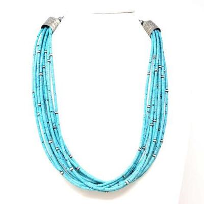 
#684 • Native American Turquoise and Sterling Silver Beaded and Engraved Necklace, 110g: Weighs Approx 110g