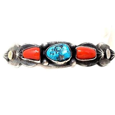 #628 • Native American Sterling Silver Turquoise and Coral Cuff, 35g:Weighs Approx 35.0g
Chimney Butte, a famous Native American artist...