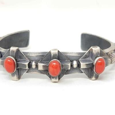 #620 • Native American Sterling Silver Coral Engraved Cuff: Sunning sterling silver cuff has 3 coral stone accents. Weighs Approx 40.2g...