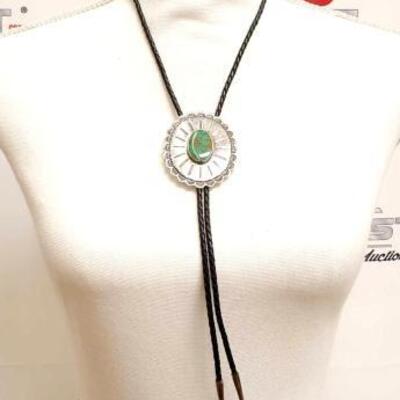 #700 • Vintage Western Oval Bolo Tie With Turquoise Stone-55.9g.Weighs Approx 55.9g