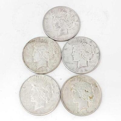 #2502 â€¢ (5) Silver Peace Dollars Years Range: 1922-1926 (4) San Francisco Mint and Philadelphia Mint