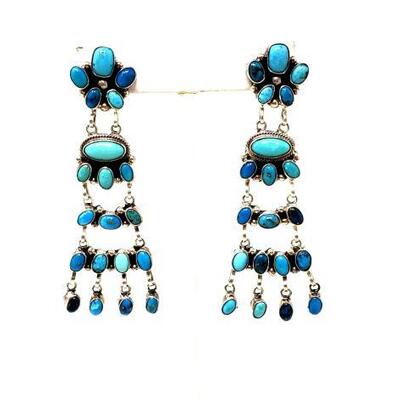 #664 • Native American Sterling Silver And Turquoise Chandelier Earrings By E. Spencer: 
