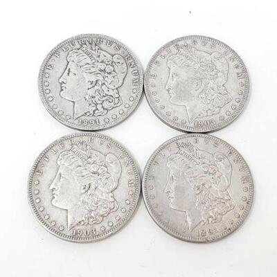 #2483 â€¢ (4) Morgan Silver Dollars Years Range: 1891-1903 (3) Philadelphia Mint and (1) San Francisco Mint.