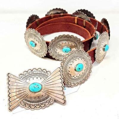 #590 • Captivating Contemporary Turquoise and Sterling Silver Concho Belt: Here is a captivating contemporary turquoise and sterling...