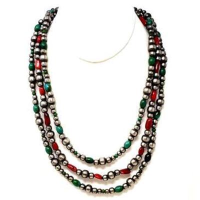 #688 • Native American Sterling Silver Layered Pawn Bead Necklace With Coral And Turquoise Stones, 73.3g. Weighs Approx 73.3g
Measures...