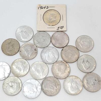 2540 â€¢ (19) Kennedy Half Dollars 90% Silver: Years Range: 1964-1966 (11) Denver Mint and (8) Philadelphia Mint
