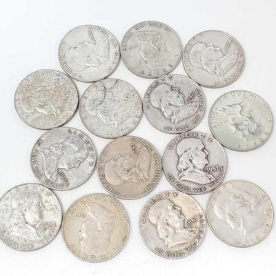 #2534 â€¢ (14) Franklin Half Dollars: Years Range: 1948-1963 (11) Denver Mint, (2) San Francisco Mint and Philadelphia Mint. 