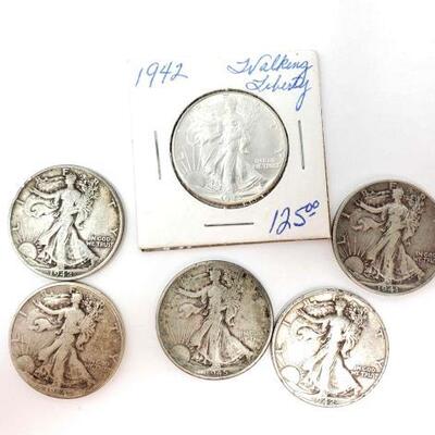 #2532 â€¢ (5) Walking Liberty Half Dollars  Years Range: 1941-1945 (4) Philadelphia Mint, Denver Mint and San Francisco Mint.