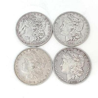 #2488 â€¢ (4) Morgan Silver Dollars Years Range: 1878-1880 (2) Philadelphia Mint, (1) New Orleans Mint and (1) Carson City Mint.