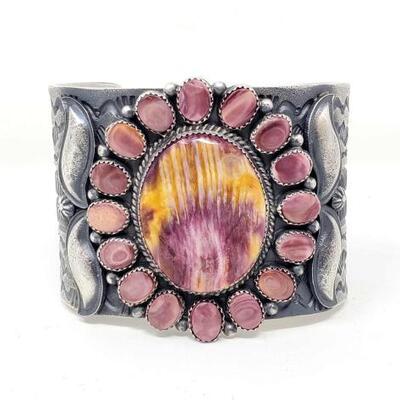 #606 • Large Native American Kevin Billah Purple Spiny Oyster Sterling Statment Cuff, 184.1gStamped Kevin Billah and Sterling
Weighs...