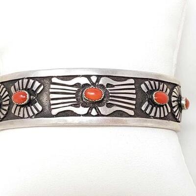 #624 • Important Ricky Martinez Vintage Native American Navajo Coral Concho Sterling Silver Bracelet: : This is a stunning vintage Navajo...