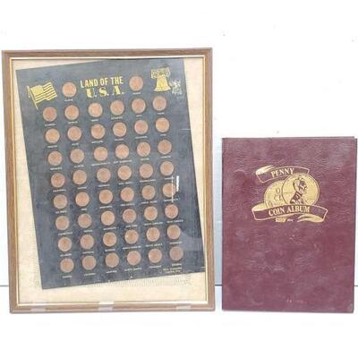 #2734 â€¢ Framed Lincoln Penny Collection from Land of U.S.A. and Lincoln Penny Coin Album. Includes Lincoln Penny Collection from all 50...