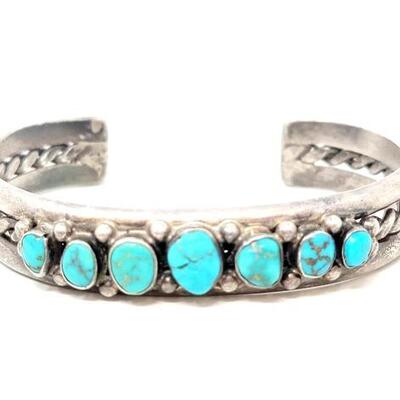 #614 • Vintage Navajo Native American Sterling Silver Turquoise Coiled Cuff: This beautiful vintage navajo cuff has seven engraved...
