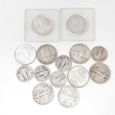 #2530 â€¢ Assortment of Silver US Half Dollars and Quarters. Years Range: 1943-1961 Includes (5) Walking Liberty Half Dollars, (4)...