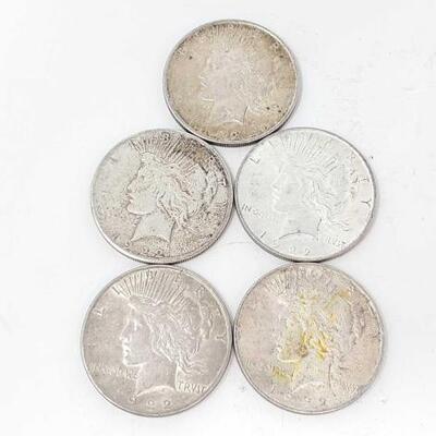 #2500 â€¢ (5) 1922 Peace Silver Dollars. (3) Philadelphia Mint, Denver Mint and San Francisco Mint. Weighs Approx: 133.9g. 