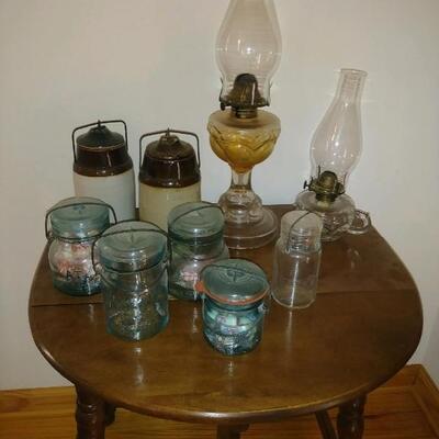 Peanut lamps, small crocks, mason jars