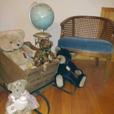 Settee, teddy bears & decorative sled