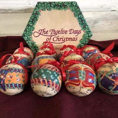 12 Days of Christmas Ornaments in Box
Made of a glossy paper machet