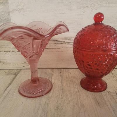 Avon Covered Candy Dish & Pink Depression Glass
