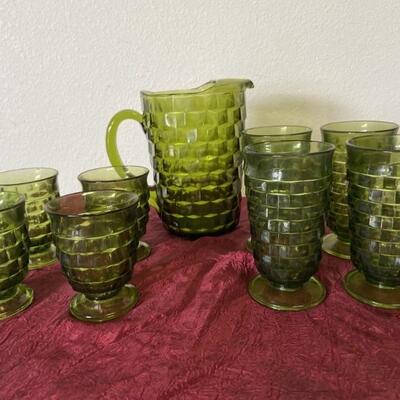(9) Indiana Glass Whitehall Cubist Pitcher Set
Vintage/Mid Century in Avocado Green
Includes Pitcher and 8 Goblets, 4 Large and 4 Small