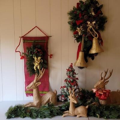 (3) Paper Mache Reindeer & Christmas Greenery