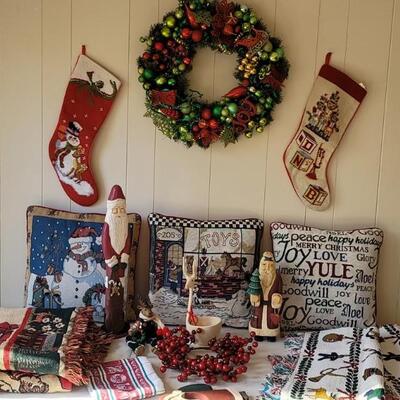 NWT Christmas Lot: 2-Cross Stitch Stockings, 2-Hand Woven Rugs, 3-Tapestry Throw Pillows, 5-Wooden Statues, Sofa Throw, & More!
Most are...