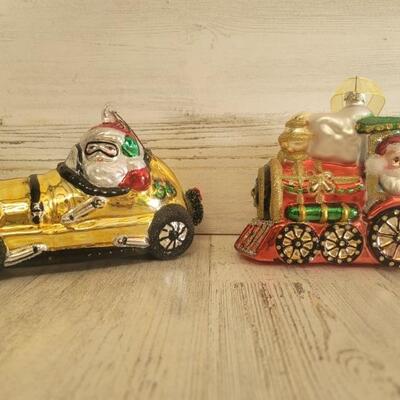 (2) Mercury Glass Santa's Racecar by Dept 56   Hand Blown Santa + Frosty on Train 
Both come in the Box