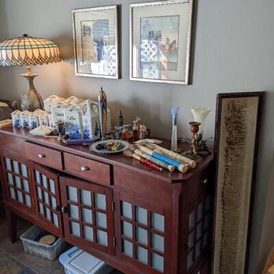 Craftsman style server, Oriental prints and brushes