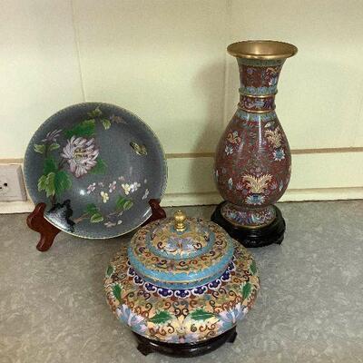 Kve012 Beautiful Cloisonné Vase, Urn & Bowl All w/Stands