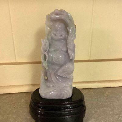 Kve038 Lavendar Jade? Buddha Figurine On Wooden Stand