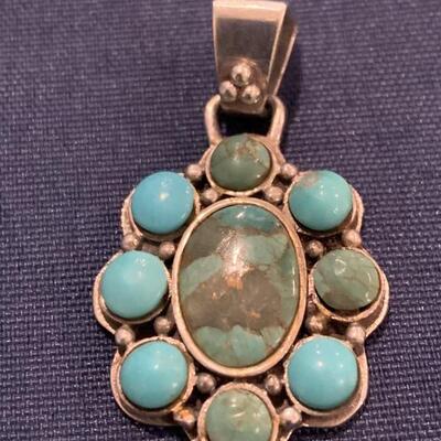 Vintage Sterling Silver Pendant-9 Turquoise Stones