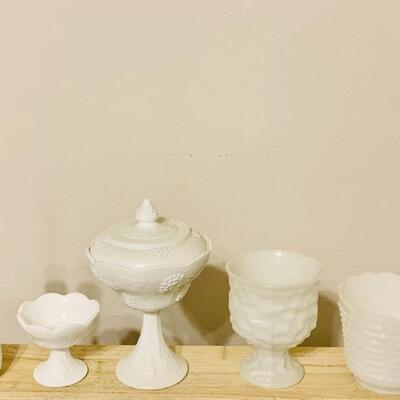 (8) Milk Glass Compote, Footed Candy Dish, & More