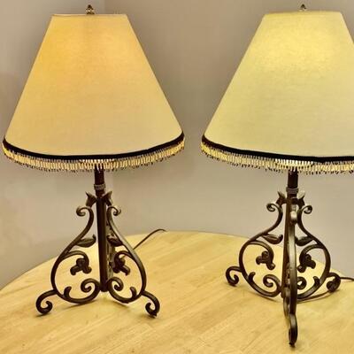 Pair Decorative Iron Lamps w/ Bead Tassel Shades