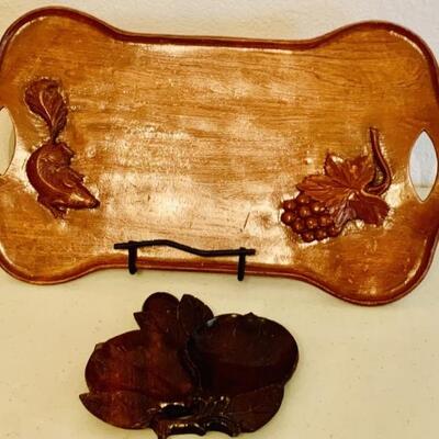 (2): A Carved Wooden Tray with Curved Sides, Carved Wooden Nut & Leaf Decor Piece