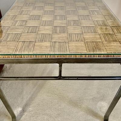 Metal End Table w/ Basket Weave Design & Glass Top