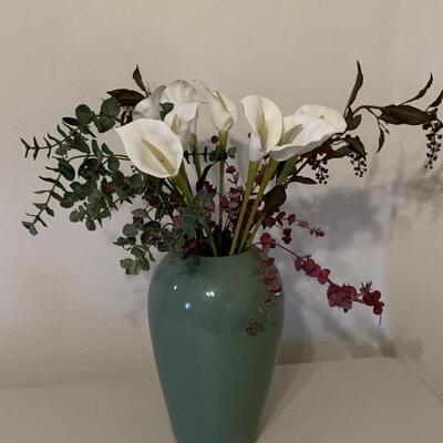 Tall Green Vase w/ Faux Calla Lillies & Eucalyptus