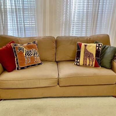 Pier One Two Cushioned Safari Style Sofa is 80in L
With 4 Accent Pillows: Zebra, Giraffe, Red, & Green
Upholstery is 100% Cotton
Matching...