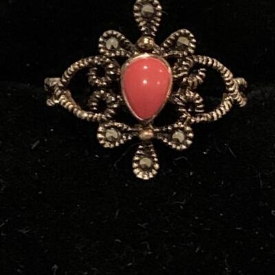 Gold Plated Sterling Silver Ring with Red Cabochon. Size 8.5