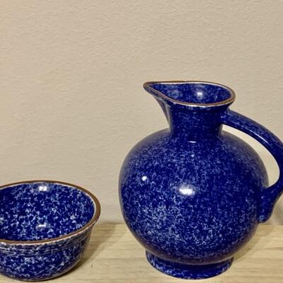 (2) Blue & White Speckled Pottery: Pitcher & Bowl